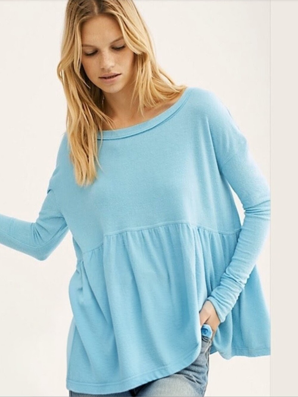 Free People Forever Your Girl Babydoll Tee Top Turquoise Long Sleeve Top